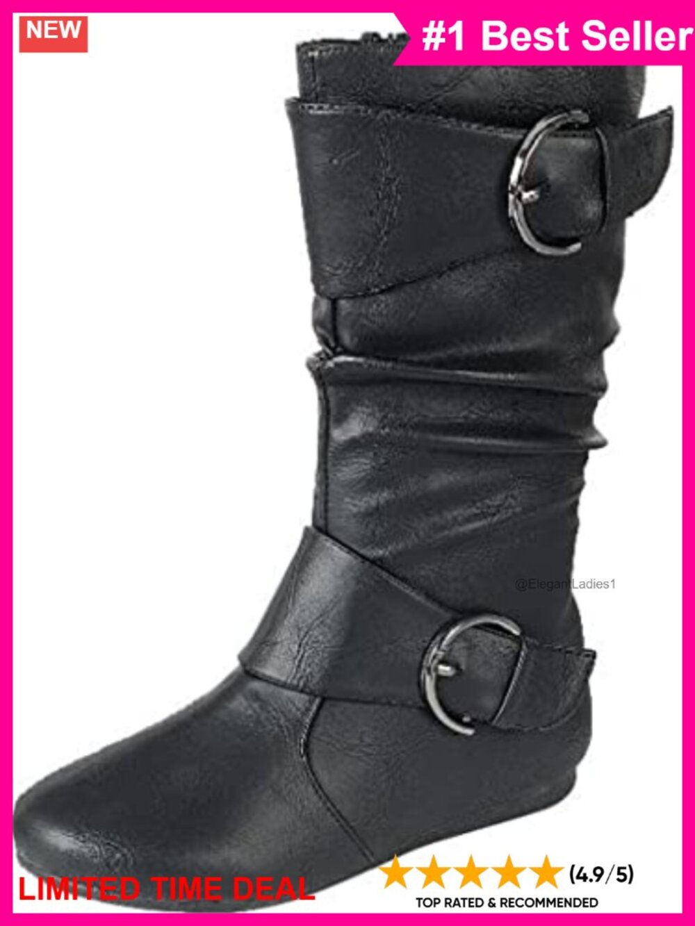 Faux Leather Slouch Mid-Calf Boots Closed Round Toe Buckle Flat Heel